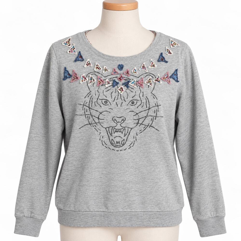Anthropologie Luna Mercantile Co Tiger Embroidered Sweatshirt Women's S